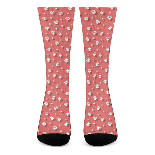 Pink And White Animal Paw Pattern Print Crew Socks