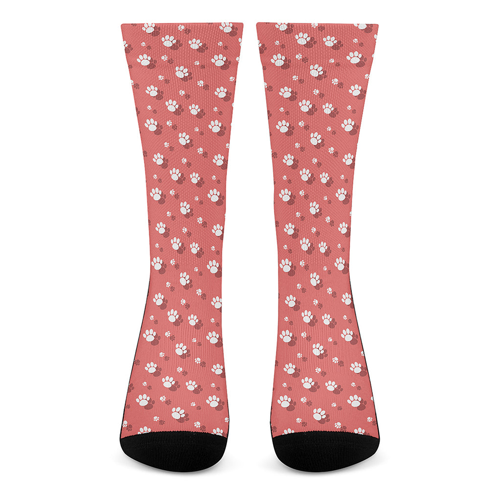 Pink And White Animal Paw Pattern Print Crew Socks