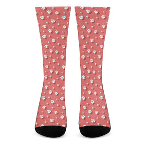 Pink And White Animal Paw Pattern Print Crew Socks