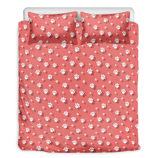 Pink And White Animal Paw Pattern Print Duvet Cover Bedding Set
