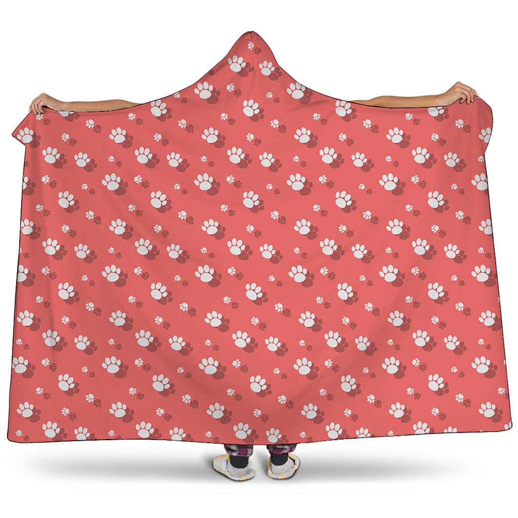 Pink And White Animal Paw Pattern Print Hooded Blanket