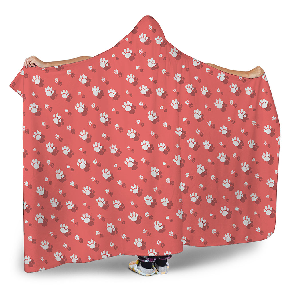 Pink And White Animal Paw Pattern Print Hooded Blanket