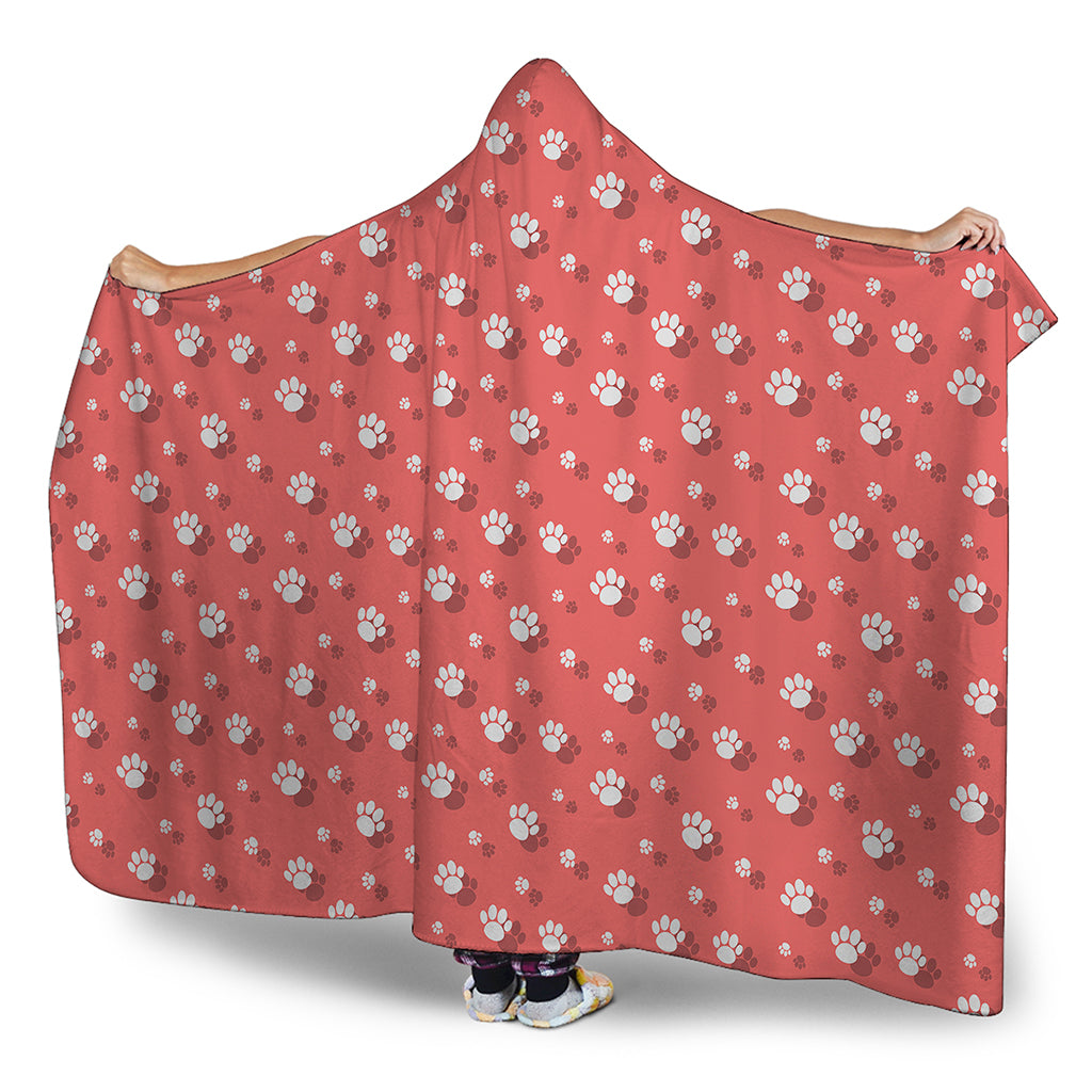 Pink And White Animal Paw Pattern Print Hooded Blanket