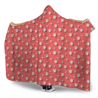 Pink And White Animal Paw Pattern Print Hooded Blanket