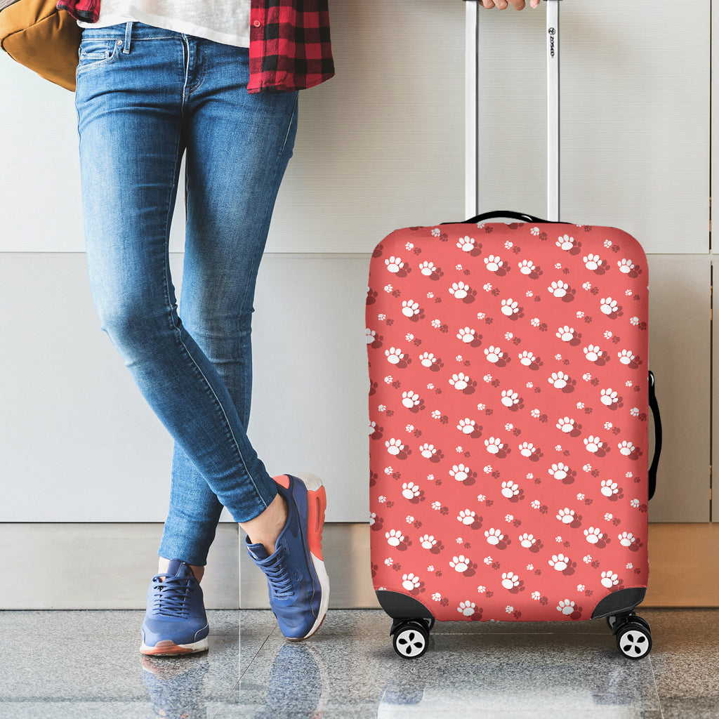 Pink And White Animal Paw Pattern Print Luggage Cover