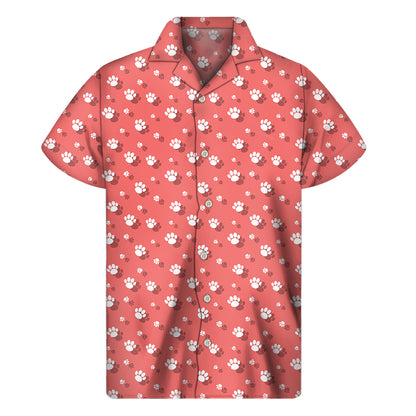 Pink And White Animal Paw Pattern Print Men's Short Sleeve Shirt