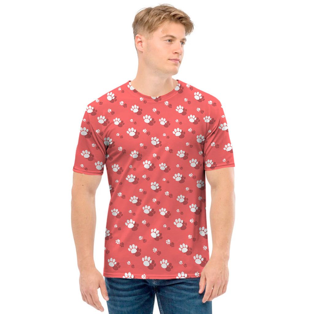 Pink And White Animal Paw Pattern Print Men's T-Shirt