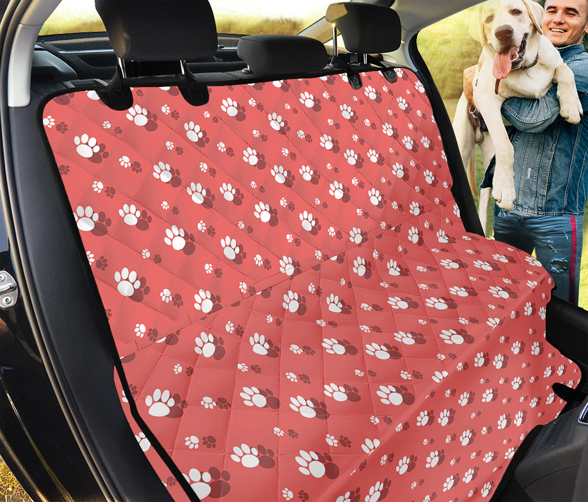 Pink And White Animal Paw Pattern Print Pet Car Back Seat Cover