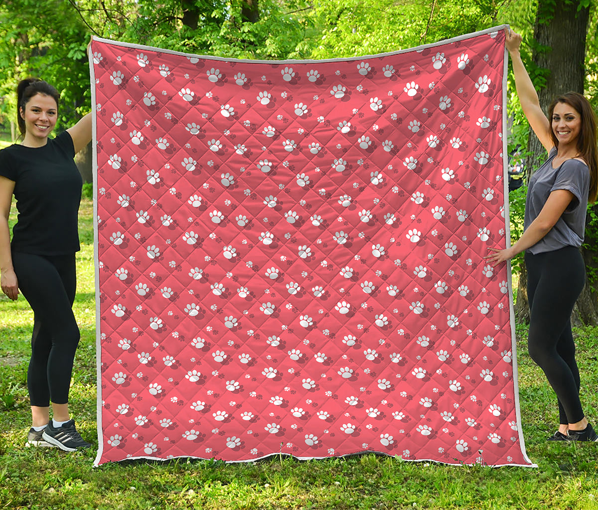 Pink And White Animal Paw Pattern Print Quilt