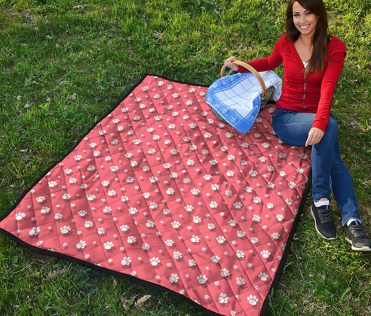 Pink And White Animal Paw Pattern Print Quilt