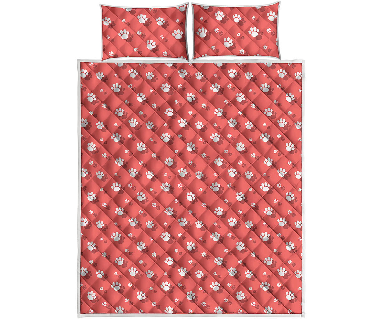 Pink And White Animal Paw Pattern Print Quilt Bed Set