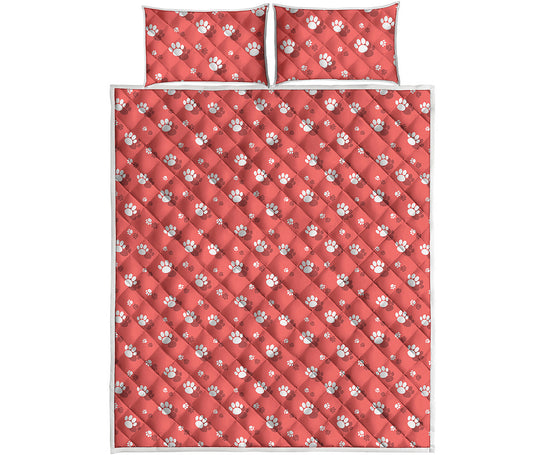 Pink And White Animal Paw Pattern Print Quilt Bed Set