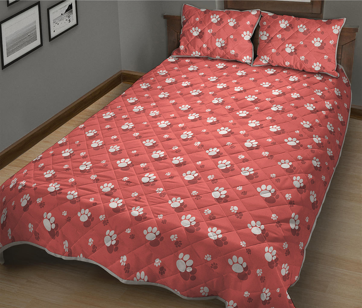Pink And White Animal Paw Pattern Print Quilt Bed Set