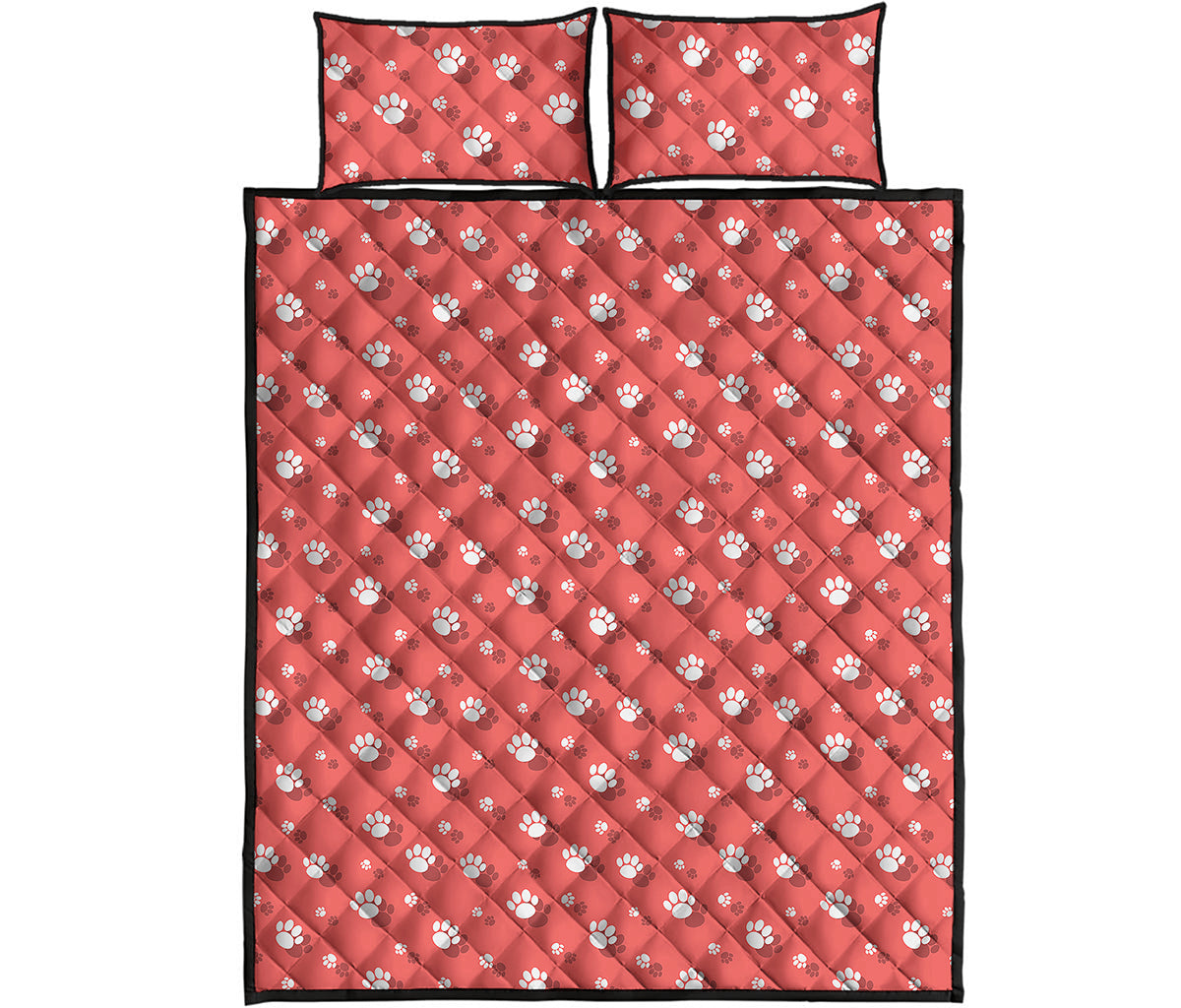 Pink And White Animal Paw Pattern Print Quilt Bed Set
