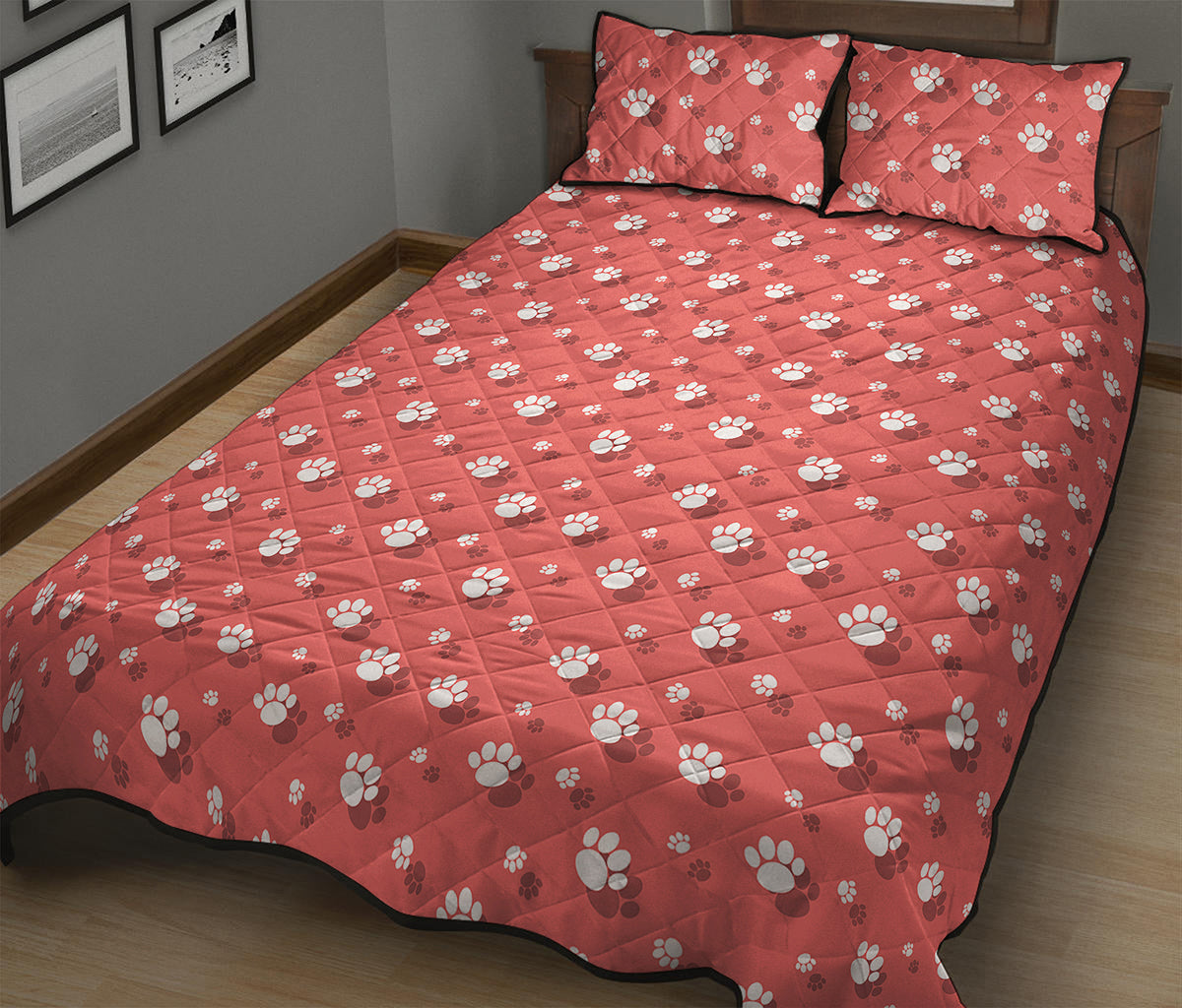 Pink And White Animal Paw Pattern Print Quilt Bed Set