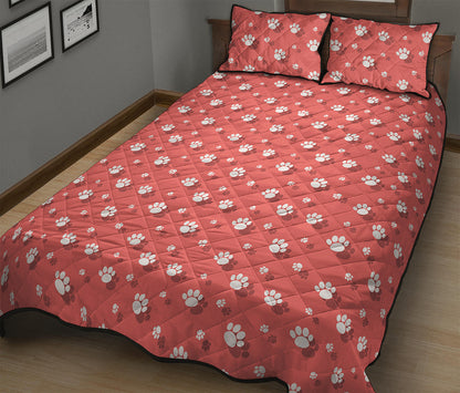 Pink And White Animal Paw Pattern Print Quilt Bed Set