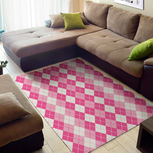 Pink And White Argyle Pattern Print Area Rug