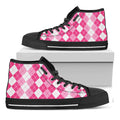 Pink And White Argyle Pattern Print Black High Top Sneakers
