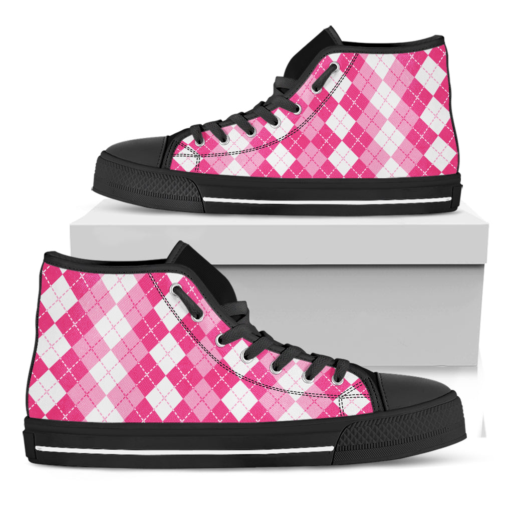 Pink And White Argyle Pattern Print Black High Top Shoes