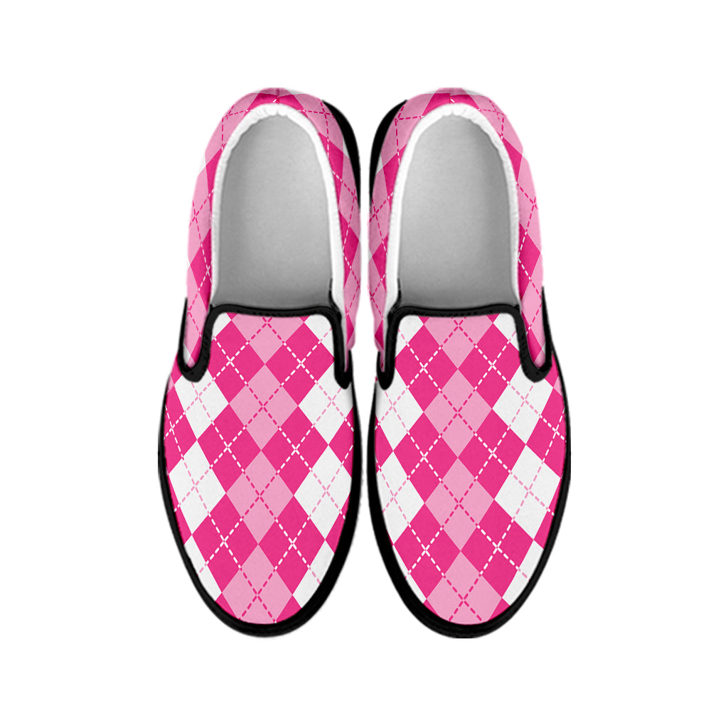 Pink And White Argyle Pattern Print Black Slip On Shoes