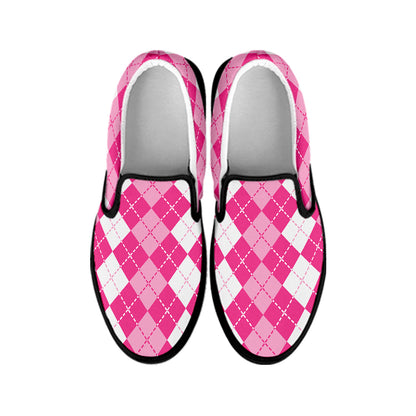 Pink And White Argyle Pattern Print Black Slip On Shoes