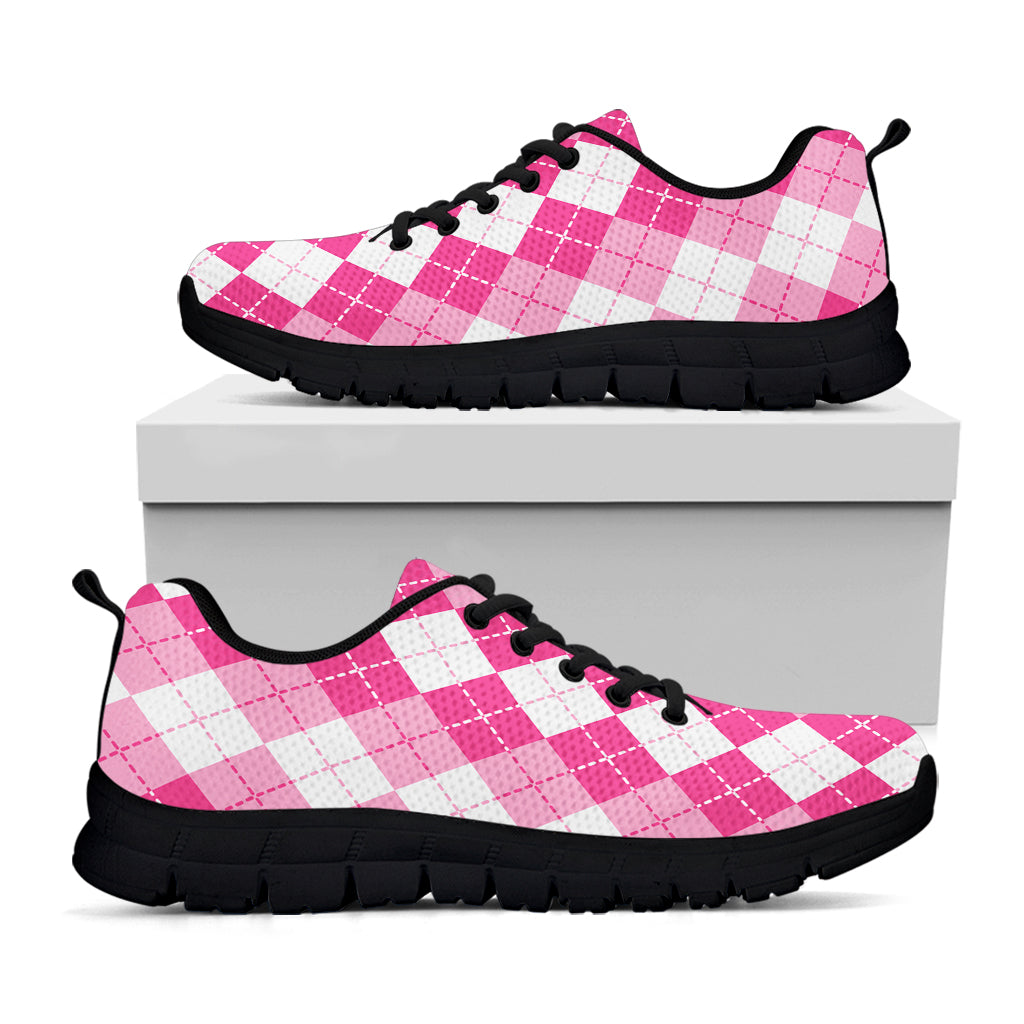 Pink And White Argyle Pattern Print Black Sneakers
