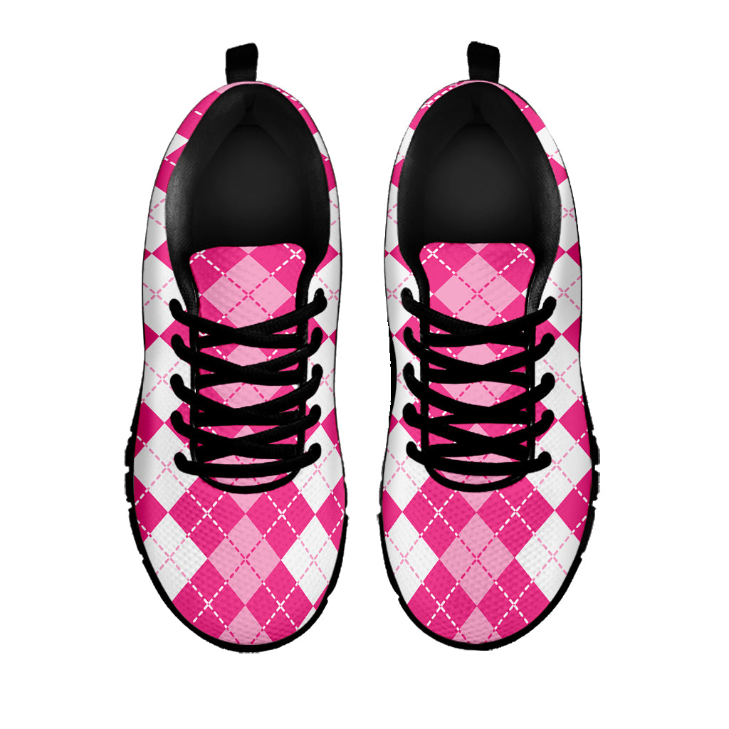Pink And White Argyle Pattern Print Black Sneakers