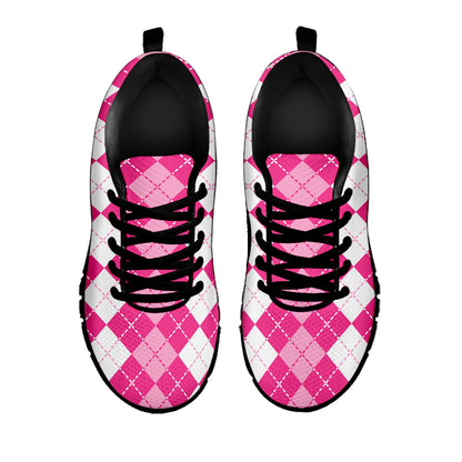 Pink And White Argyle Pattern Print Black Sneakers