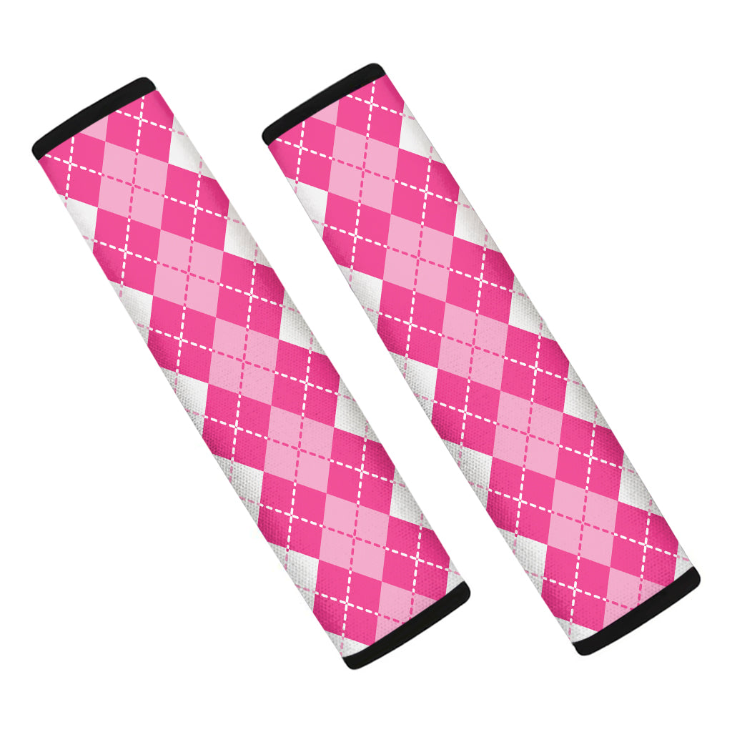Pink And White Argyle Pattern Print Car Seat Belt Covers
