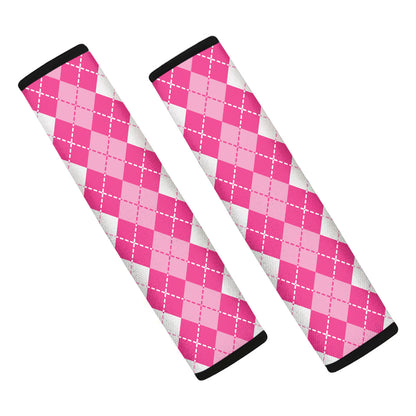 Pink And White Argyle Pattern Print Car Seat Belt Covers