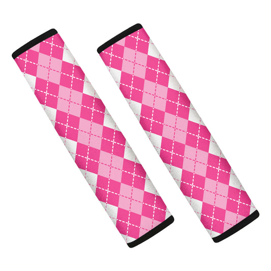 Pink And White Argyle Pattern Print Car Seat Belt Covers