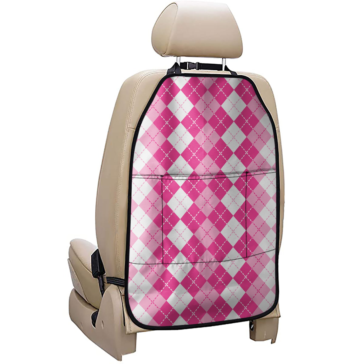 Pink And White Argyle Pattern Print Car Seat Organizers