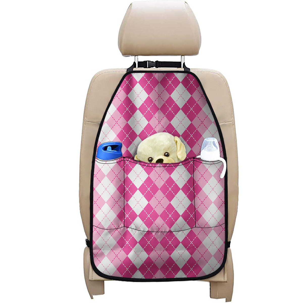 Pink And White Argyle Pattern Print Car Seat Organizers
