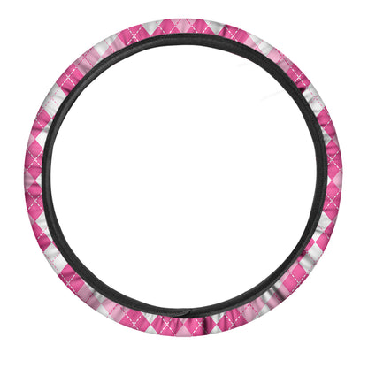 Pink And White Argyle Pattern Print Car Steering Wheel Cover