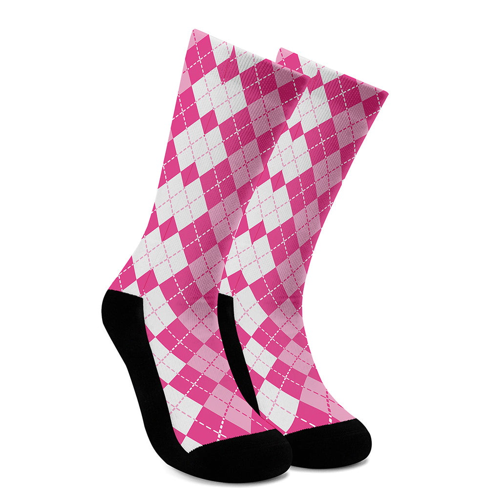 Pink And White Argyle Pattern Print Crew Socks