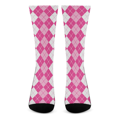 Pink And White Argyle Pattern Print Crew Socks