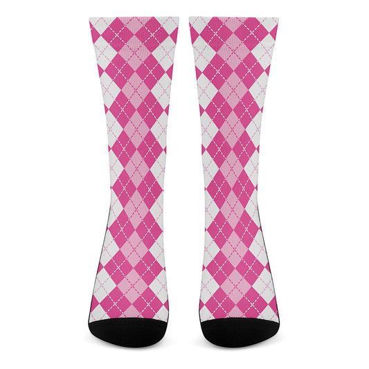 Pink And White Argyle Pattern Print Crew Socks