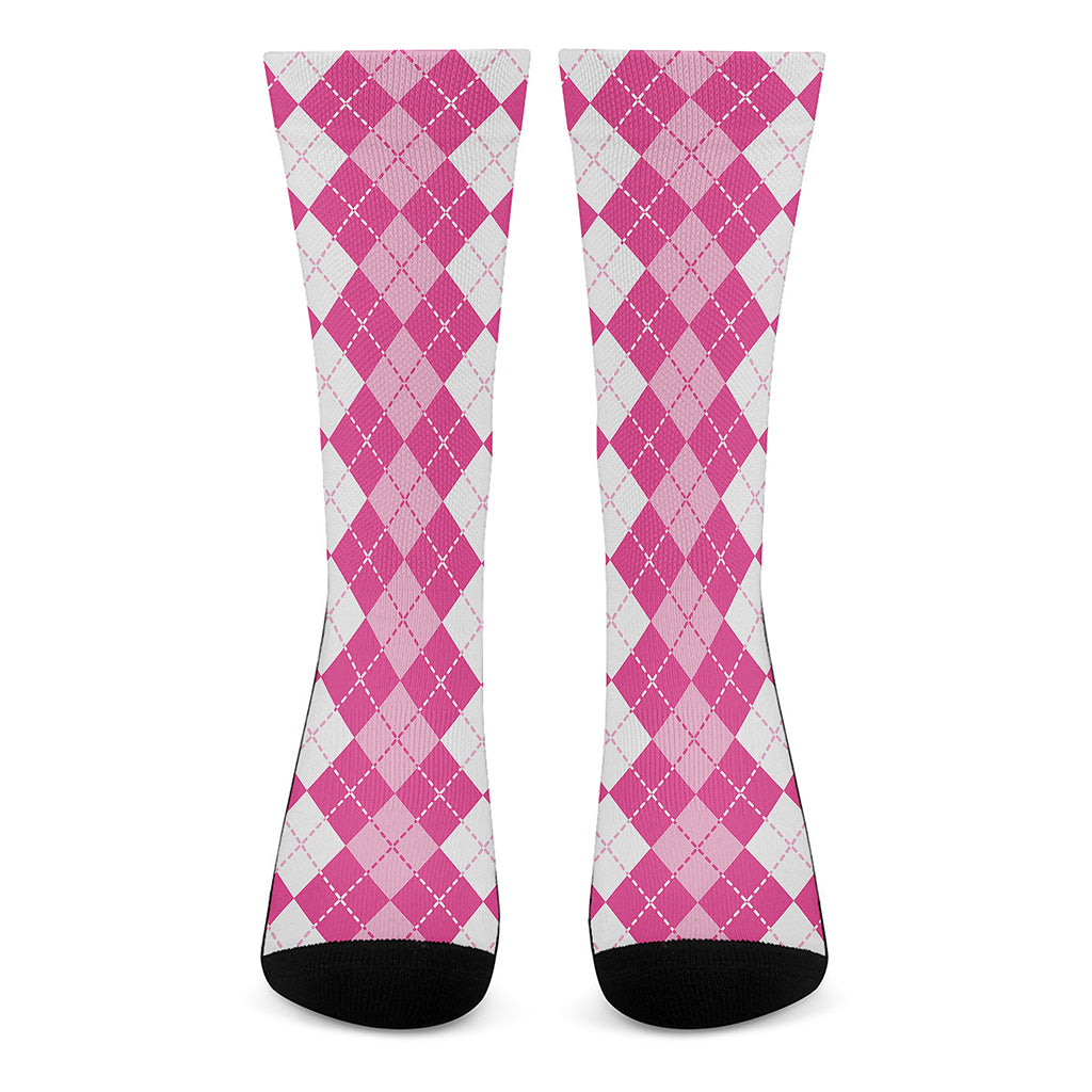 Pink And White Argyle Pattern Print Crew Socks