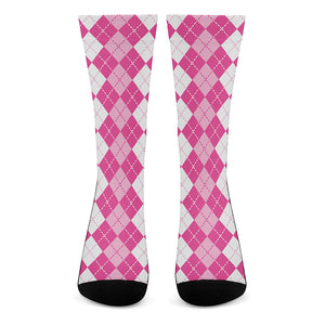 Pink And White Argyle Pattern Print Crew Socks