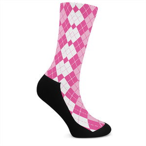 Pink And White Argyle Pattern Print Crew Socks