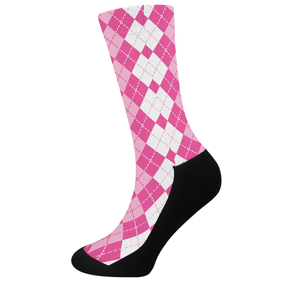 Pink And White Argyle Pattern Print Crew Socks