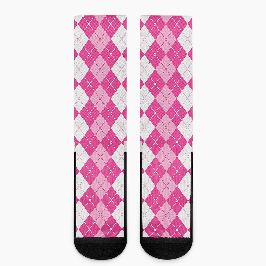 Pink And White Argyle Pattern Print Crew Socks