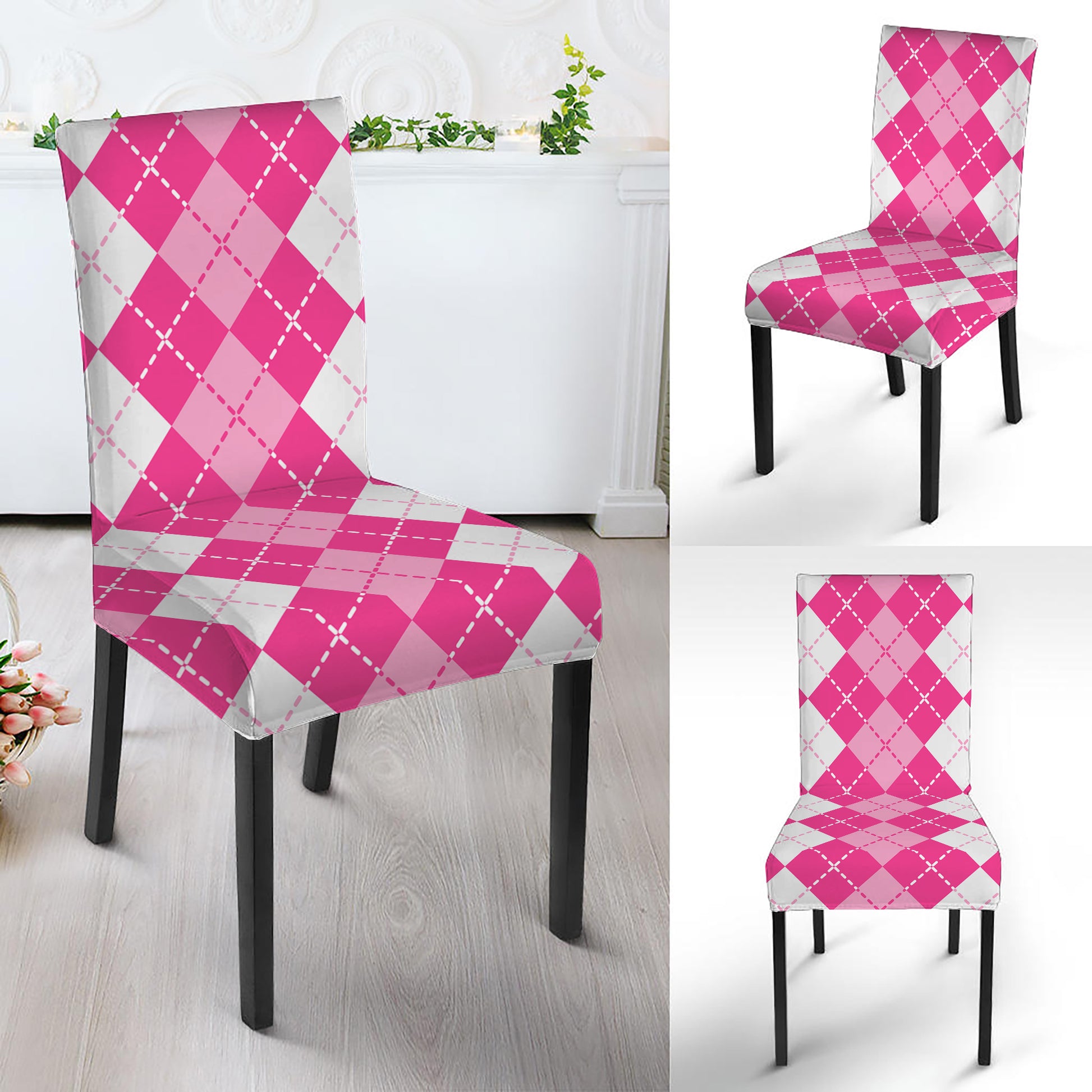 Pink And White Argyle Pattern Print Dining Chair Slipcover