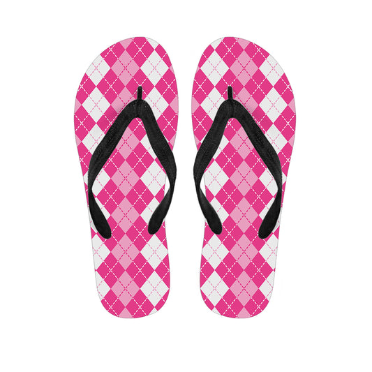 Pink And White Argyle Pattern Print Flip Flops
