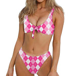 Pink And White Argyle Pattern Print Front Bow Tie Bikini
