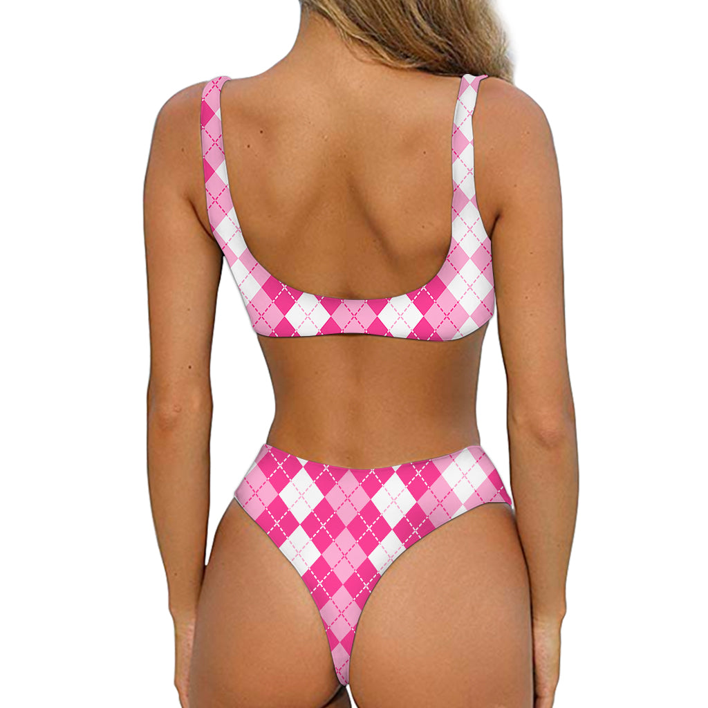 Pink And White Argyle Pattern Print Front Bow Tie Bikini