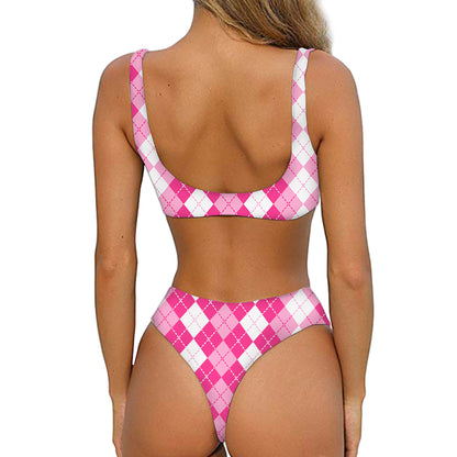 Pink And White Argyle Pattern Print Front Bow Tie Bikini