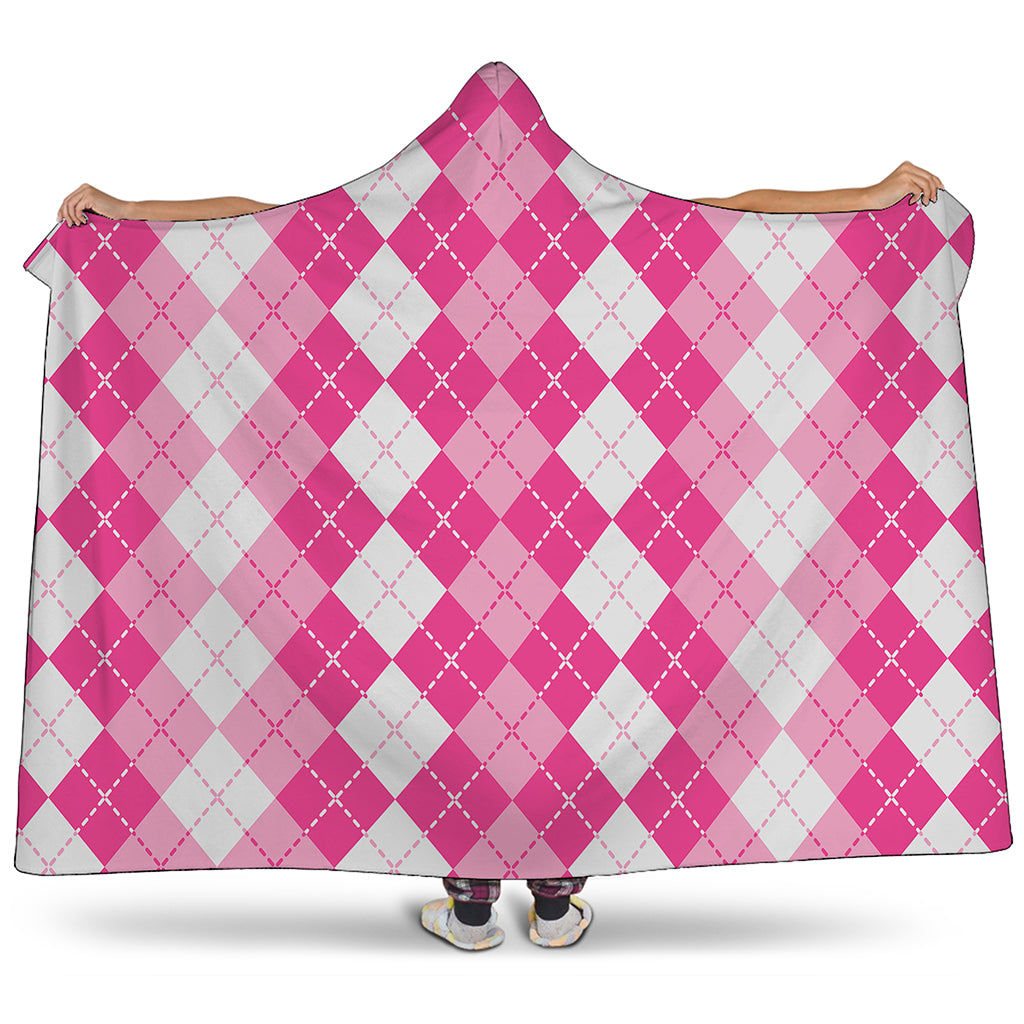 Pink And White Argyle Pattern Print Hooded Blanket