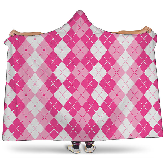 Pink And White Argyle Pattern Print Hooded Blanket