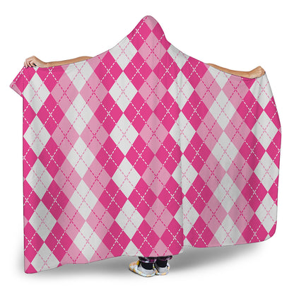 Pink And White Argyle Pattern Print Hooded Blanket